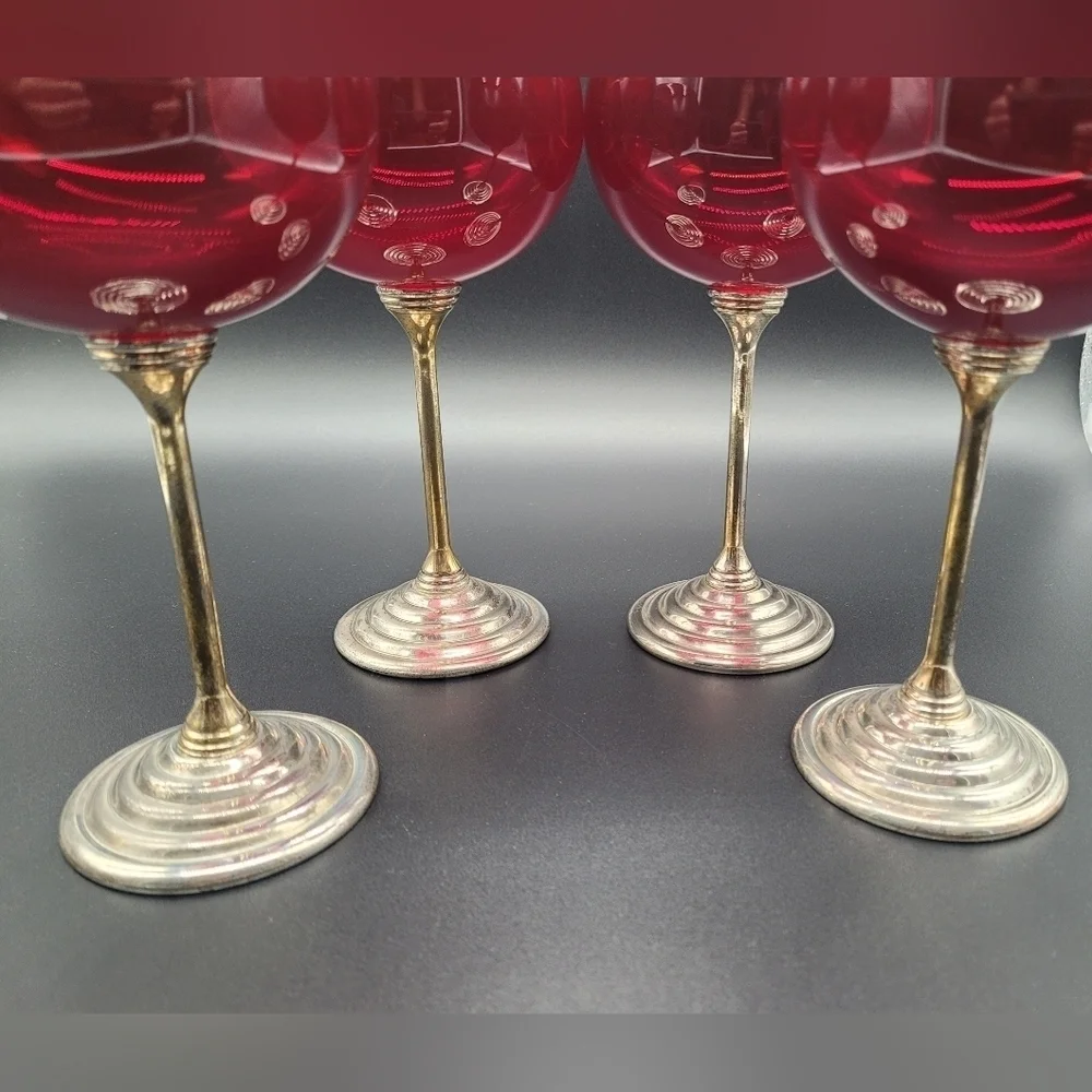 Ruby Red Glass Balloon Wine Glasses Silver Metal Stem Stepped Foot Set of 3 Vtg‍
